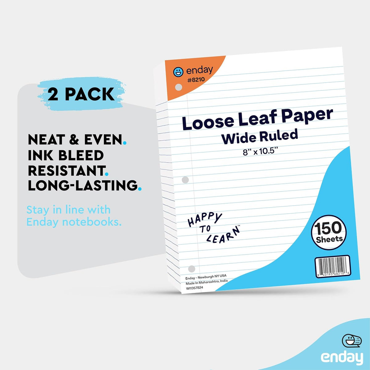 Loose Leaf Paper Notebook Paper, 8" x 10.5" Filler Paper White, 3 Hole Punched Binder Paper for 3 Ring Binders, Lined Paper 150 Sheets Per Pack - By Enday
