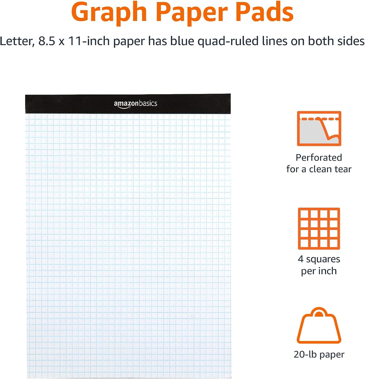 Amazon Basics Quad-Ruled Graph Paper Pad, 4x4 Grid, Perforated Sheets, Letter Size 8.5" x 11", White, 100 Sheets per Pad, 6-Pack (600 Sheets)