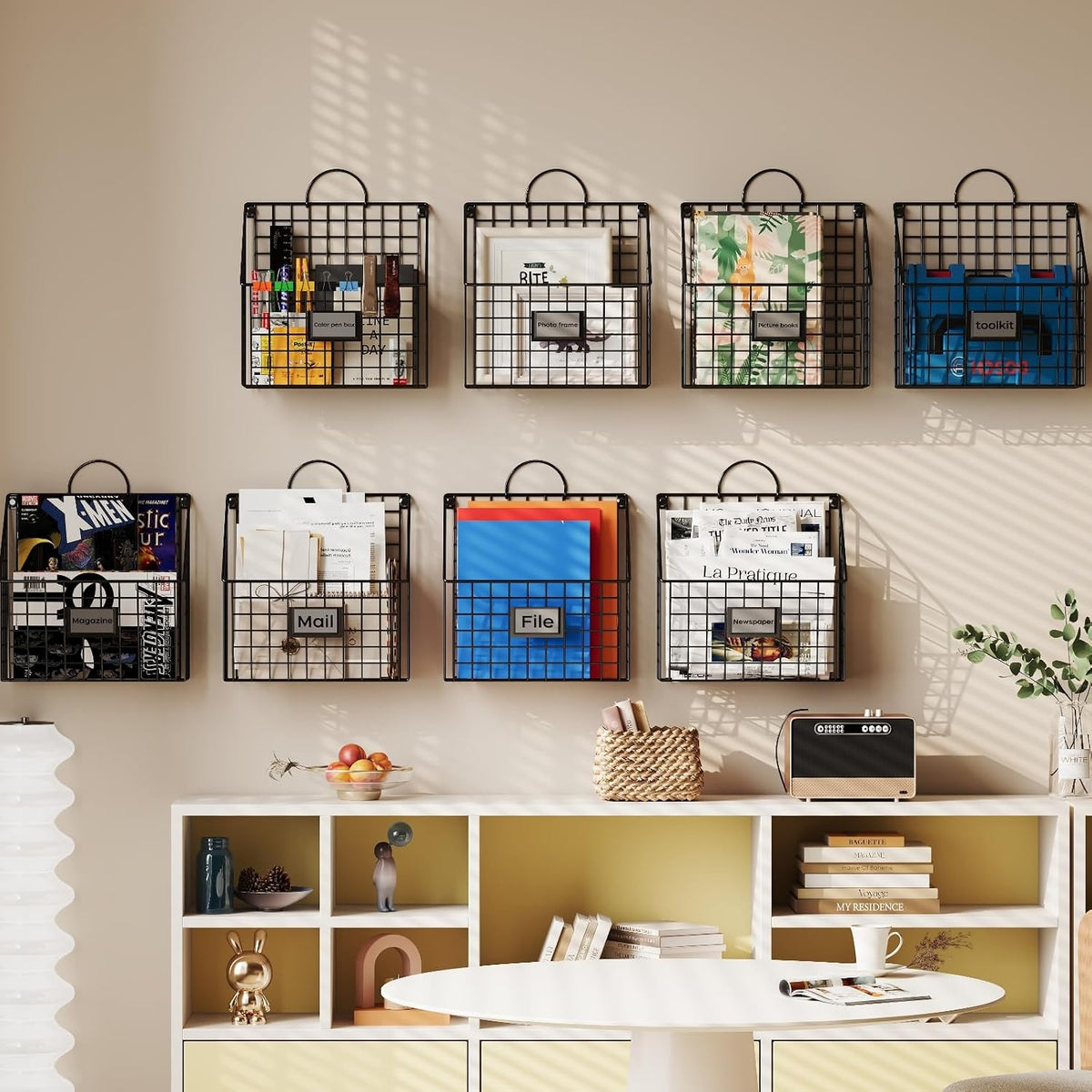 4 Packs Hanging Wall File Organizer with Hooks, Magazine Rack ,Mail Basket