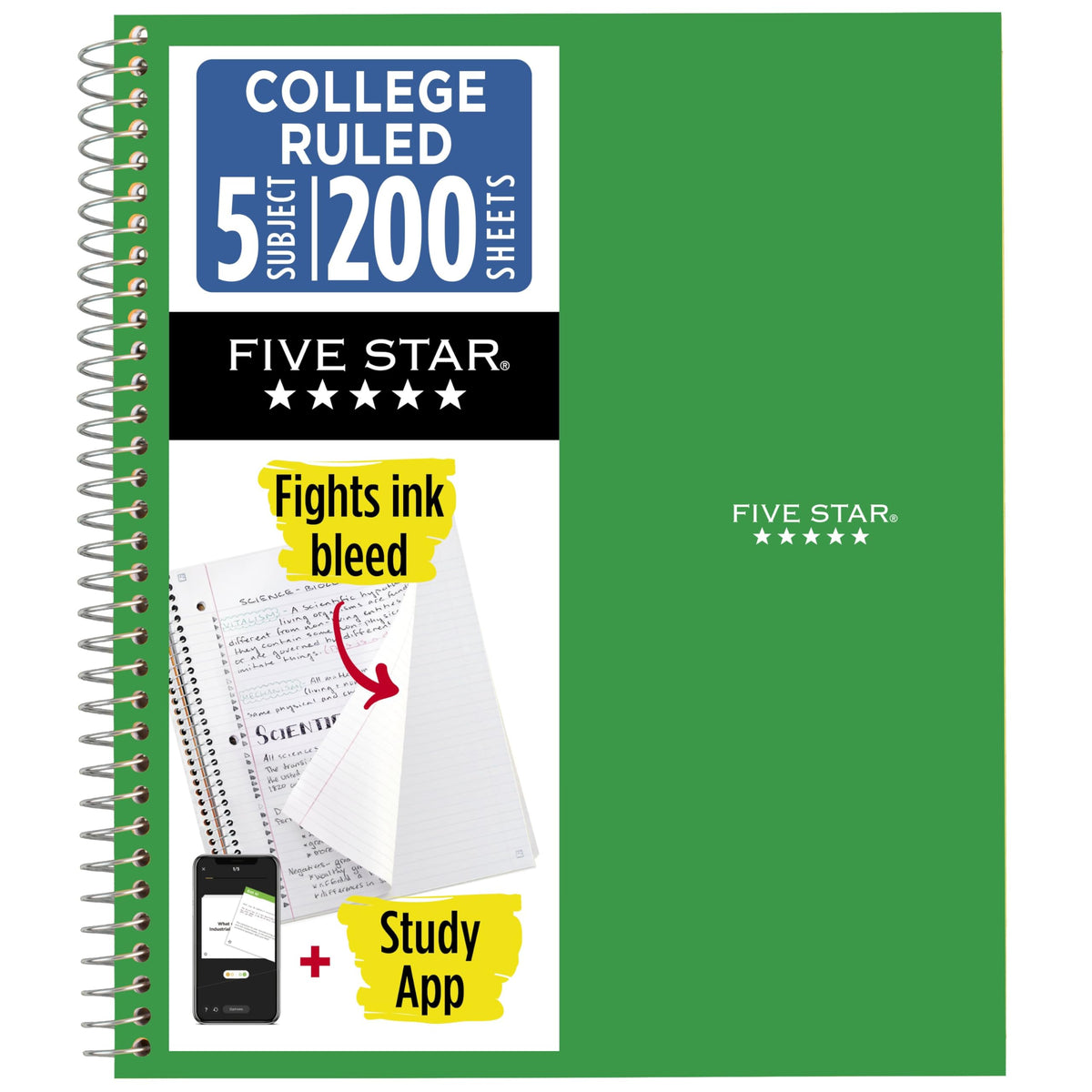 Five Star Spiral Notebook + Study App, 5 Subject, College Ruled Paper, 8-1/2" x 11", 200 Sheets, Fights Ink Bleed, Water Resistant Cover, Black (72081)