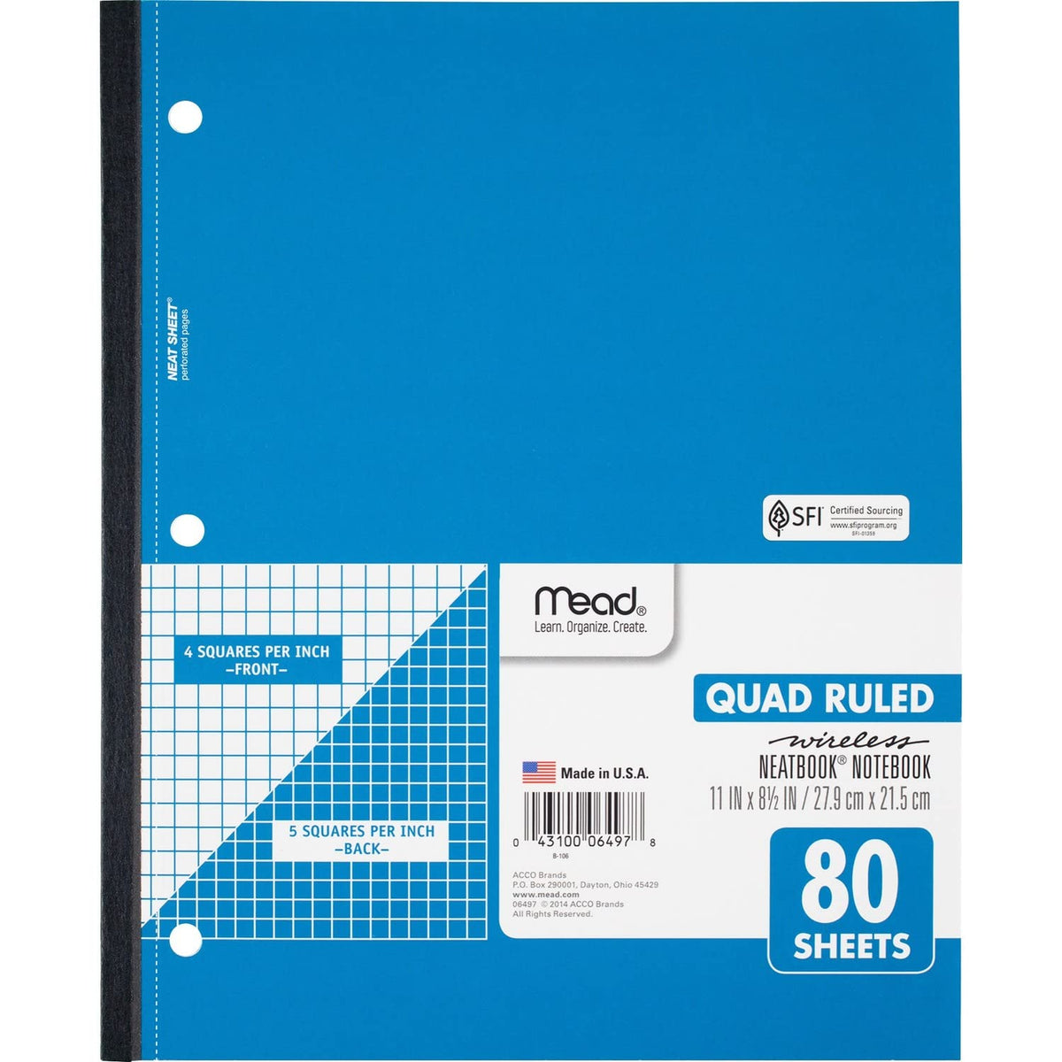 Mead Spiral Notebook, 1 Subject, Graph Ruled Paper, 7-1/2" x 10-1/2", 100 Sheets, Green (05676AC5)