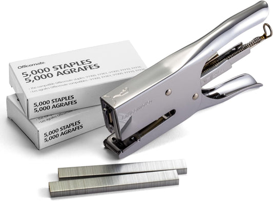 Officemate Classic Plier Stapler Bundle -Includes 10,000 Staples, Quick Rear Spring Loading Stapler, Office Supplies for Desk, Home and School, All-Metal Construction, Silver