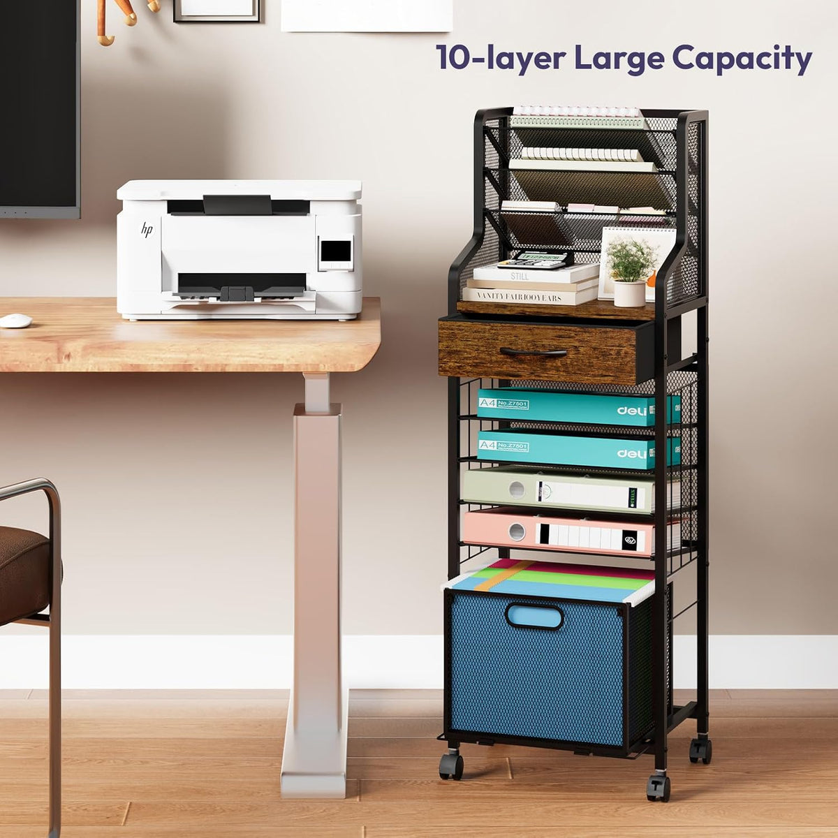 SWTYMIKI 10-Tier Rolling File Cart - Mesh Paper Organizer with Drawer & Hanging File Folders on Lockable Wheels, Rolling File Cabinet for Office Organization, Storage in Home, Studio, School, Espresso