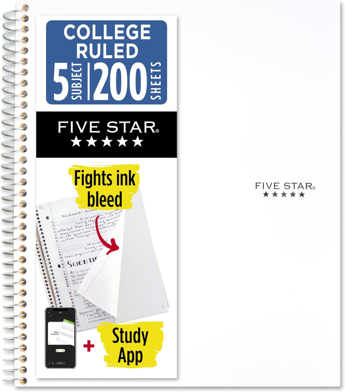 Five Star Spiral Notebook + Study App, 5 Subject, College Ruled Paper, 8-1/2" x 11", 200 Sheets, Fights Ink Bleed, Water Resistant Cover, Black (72081)