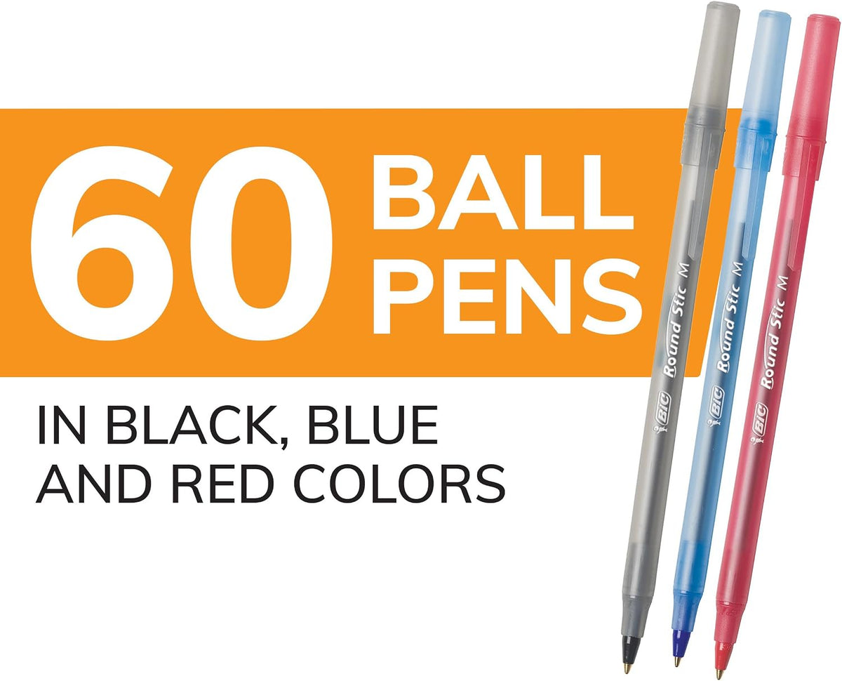 BIC Round Stic Xtra Life Assorted Ink Ballpoint Pens, 60-Count, 1.0mm