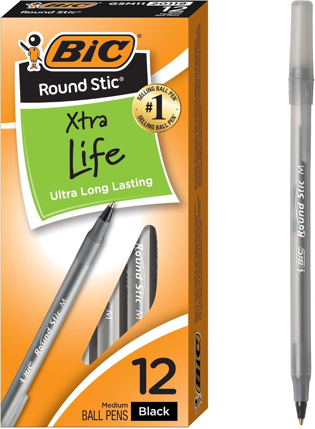 BIC Round Stic Xtra Life Black Ballpoint Pens, 12-Count, 1.0mm Medium Point