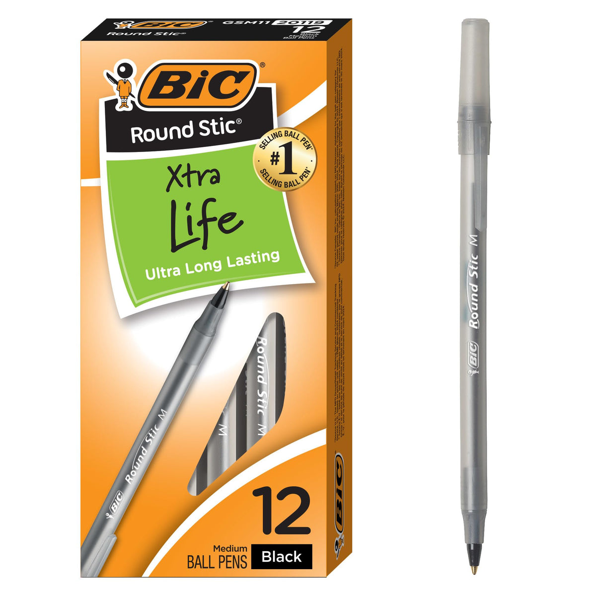 BIC Round Stic Xtra Life Black Ballpoint Pens, 12-Count, 1.0mm Medium Point