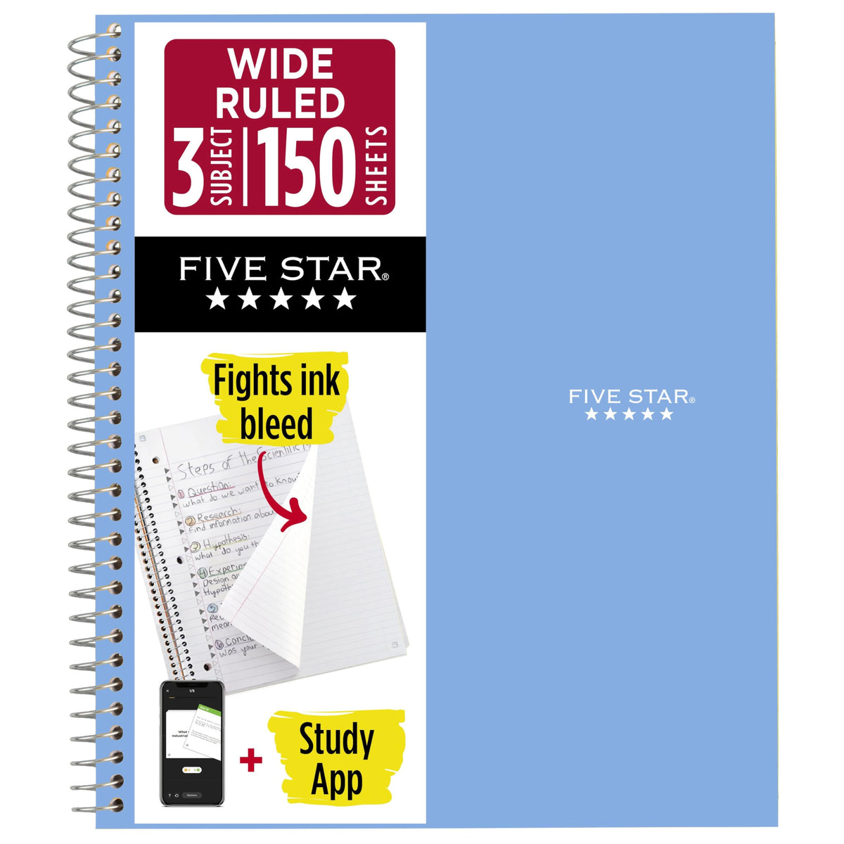 Five Star Spiral Notebook + Study App, 3 Subject, Wide Ruled Paper, 8" x 10-1/2", 150 Sheets, Fights Ink Bleed, Water Resistant Cover, Forest Green (73176)