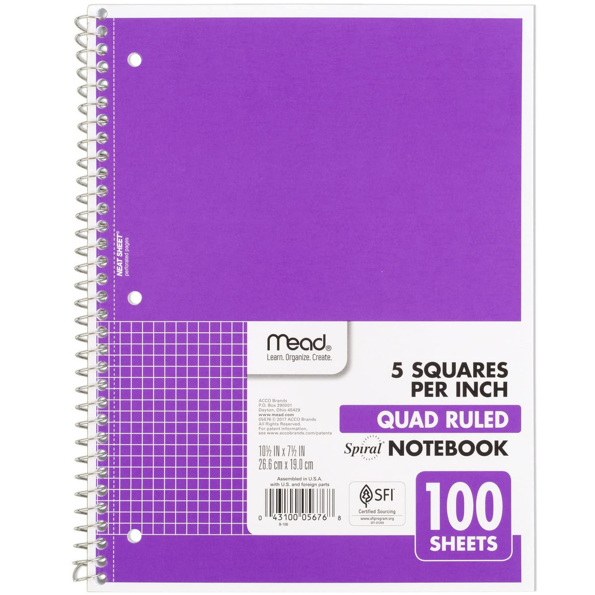 Mead Spiral Notebook, 1 Subject, Graph Ruled Paper, 7-1/2" x 10-1/2", 100 Sheets, Green (05676AC5)