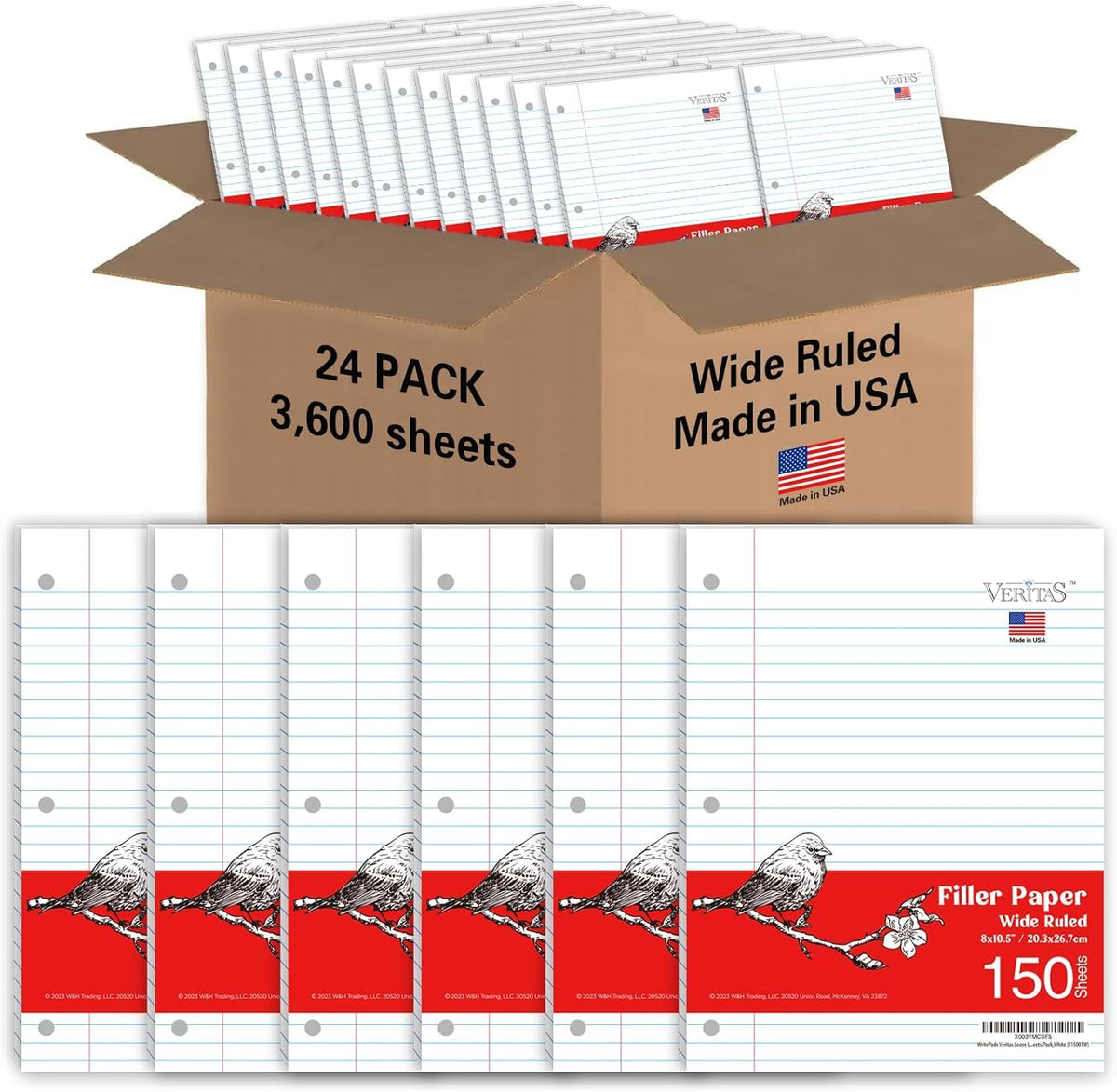 WritePads College Ruled Loose Leaf Paper, 600 Sheets Bulk Notebook Paper, 8"x10-1/2" 3 Hole Punched Filler Paper, Fits Standard 3-Ring Binder, 65lb Thick Paper, Made in USA