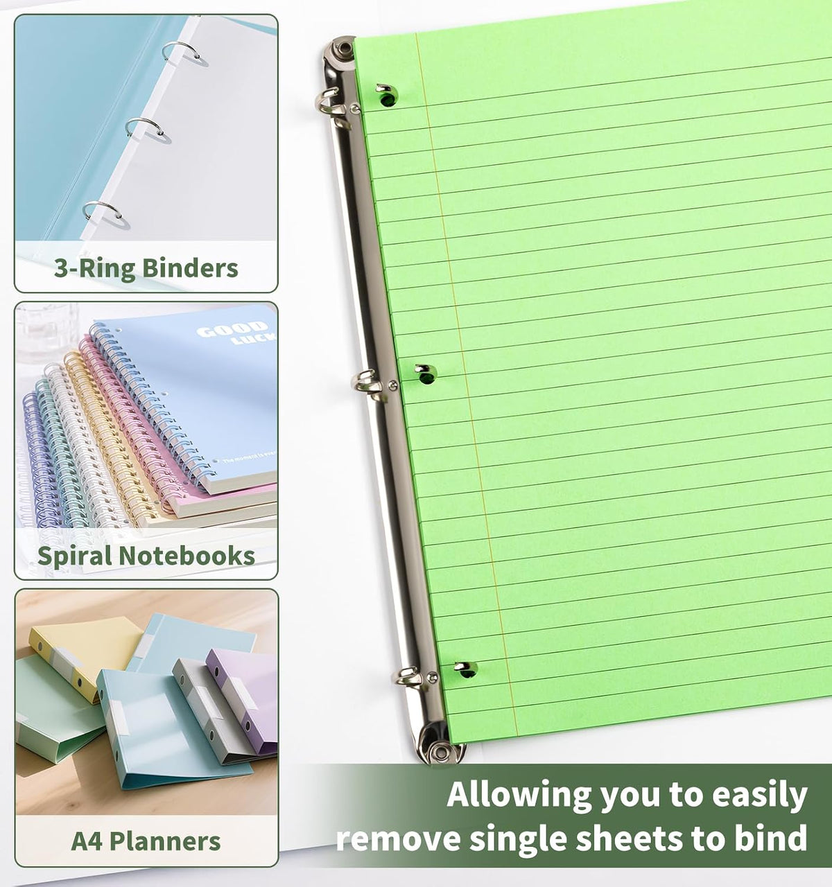 120 Sheets Loose Leaf Paper, 8” x 10.5”, 6 Colors Wide Ruled Lined Paper