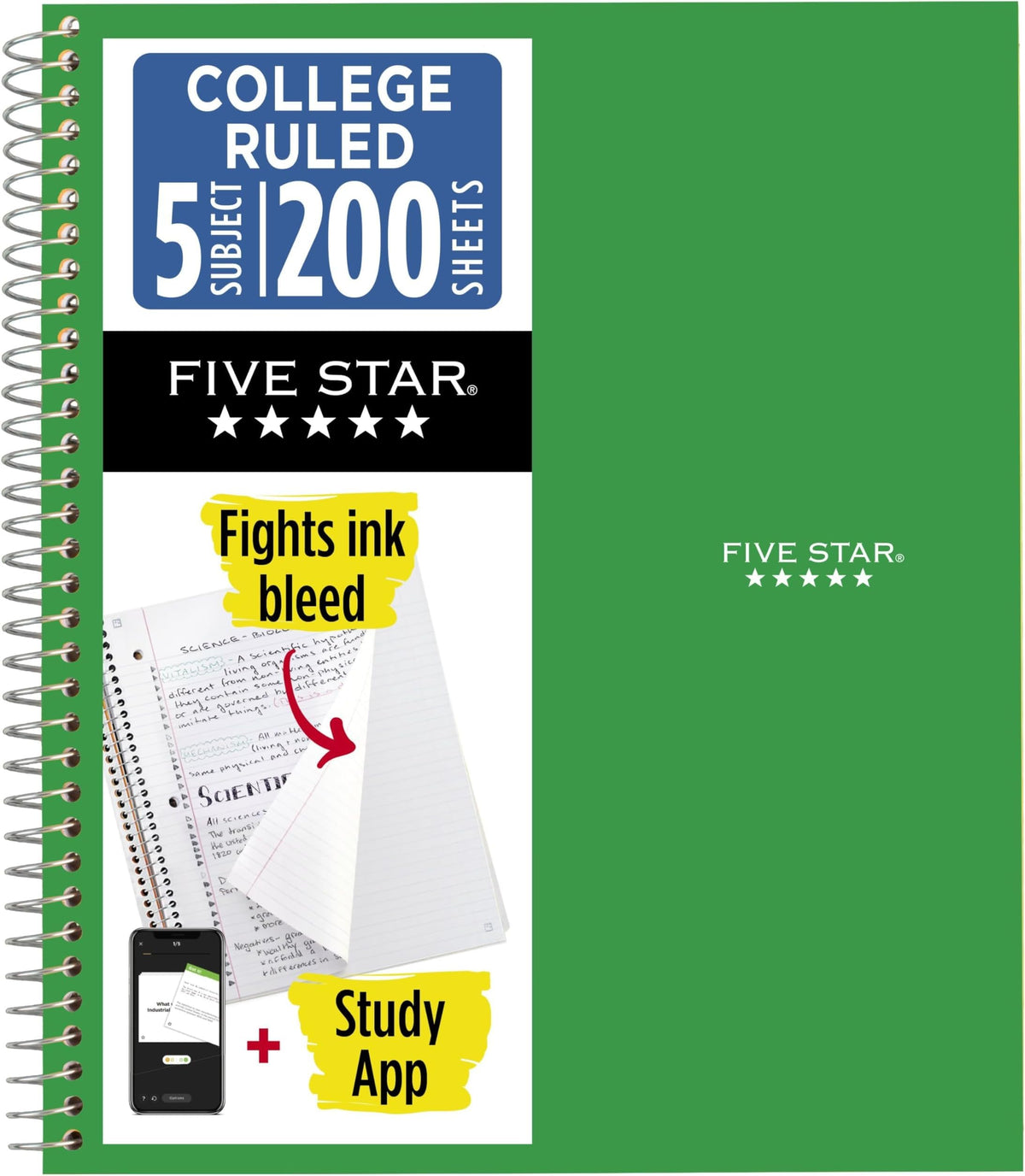 Five Star Spiral Notebook + Study App, 5 Subject, College Ruled Paper, 8-1/2" x 11", 200 Sheets, Fights Ink Bleed, Water Resistant Cover, Black (72081)
