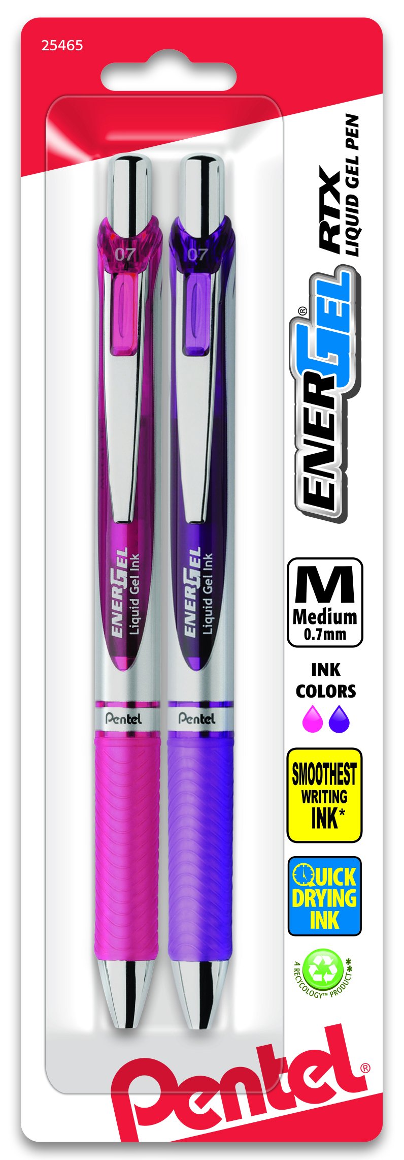 Pentel EnerGel RTX Retractable Liquid Gel Pen, (0.7mm), Medium Line, Metal Tip, Black Ink, Pack of 2 (BL77BP2A)