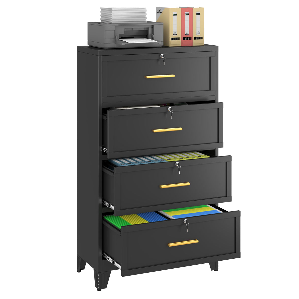 2 Drawer Metal File Cabinet with Lock,Lateral Filing Storage Cabinets,Steel Wide File Organization for Legal/Letter/A4/F4 Size with Hanging Files&Key,Lockable Printer Stand for Home Office, Black