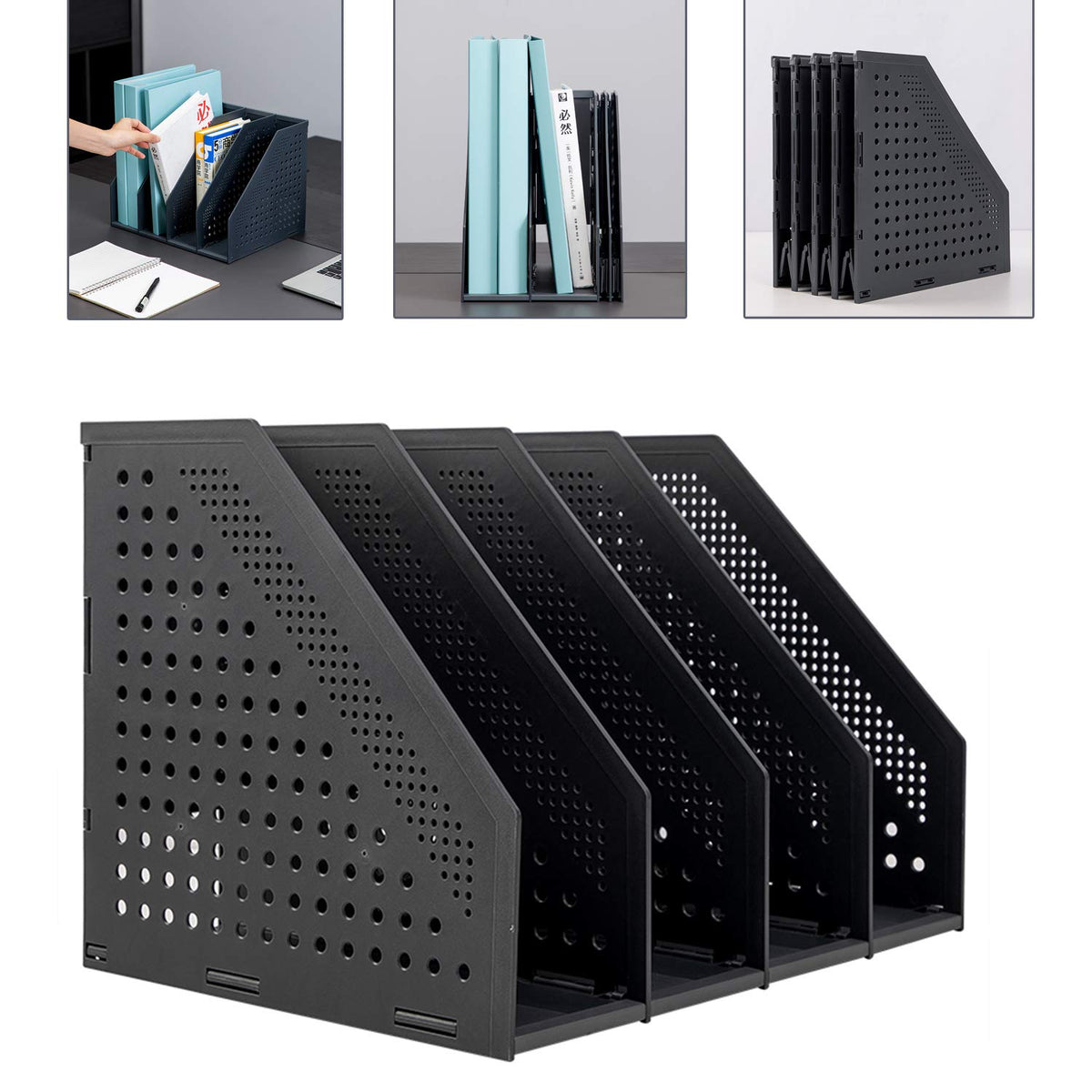 Leven Collapsible Magazine File Holder/Desk Organizer for Office Organization and Storage with 3 Vertical Compartments, Dark Grey,