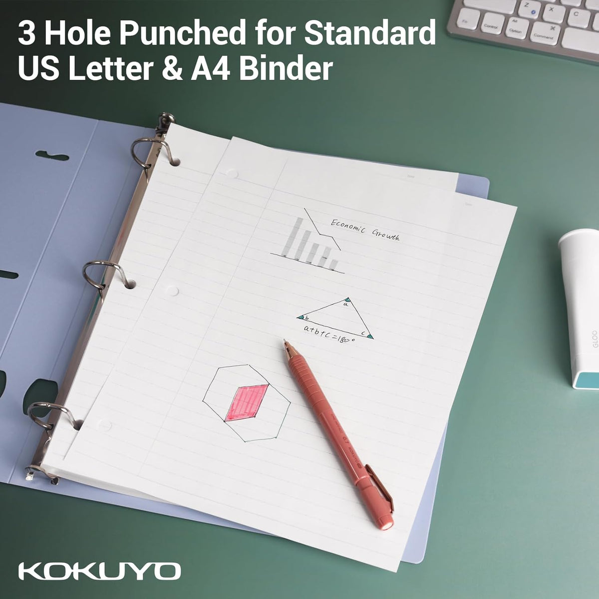 Kokuyo 3 Hole Loose Leaf Paper, 8-1/4"x11” Wide Ruled, 100 Sheets, 1 Pack