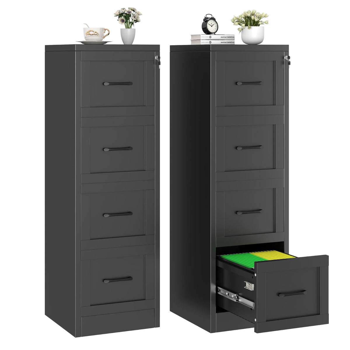 2 Drawer Metal File Cabinet with Lock,Lateral Filing Storage Cabinets,Steel Wide File Organization for Legal/Letter/A4/F4 Size with Hanging Files&Key,Lockable Printer Stand for Home Office, Black