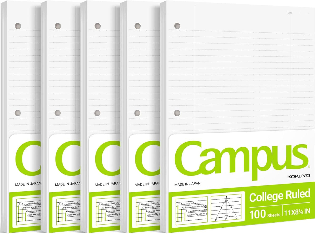 Kokuyo 3 Hole Loose Leaf Paper 8-1/4"x11” College Ruled, 100 Sheets, 5 Pack