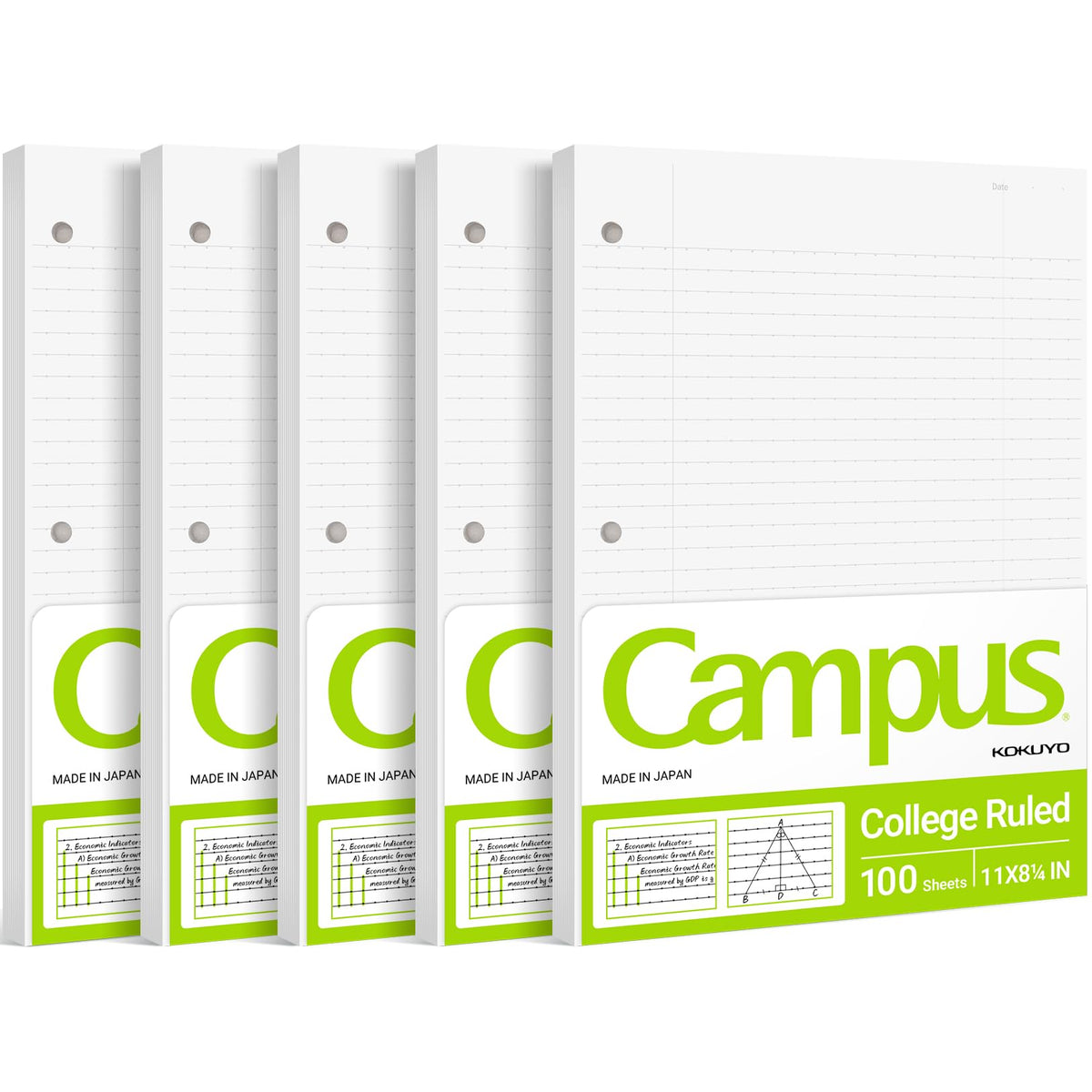 Kokuyo 3 Hole Loose Leaf Paper 8-1/4"x11” College Ruled, 100 Sheets, 5 Pack