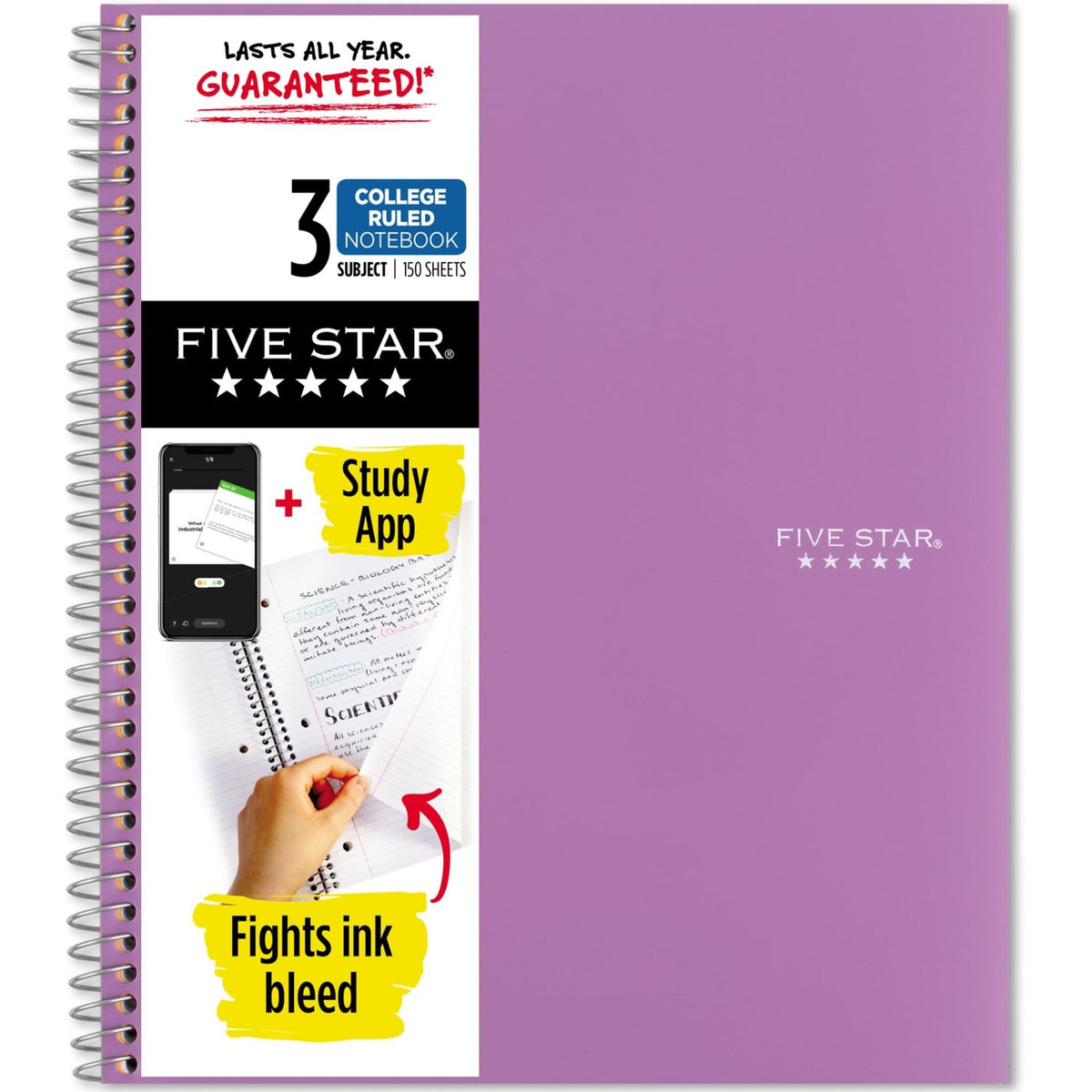 Five Star Spiral Notebook + Study App, 3 Subject, College Ruled Paper, 8.5" x 11", 150 Sheets, Blue (Color May Vary) (820003NH0)