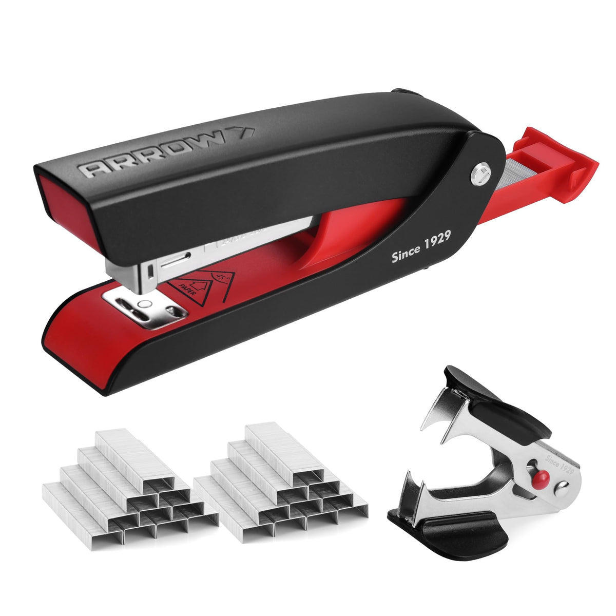 Arrow Office Stapler Set, 25 Sheet Capacity Metal Desk Staplers with 2100 Staples and Staple Remover, Half Strip Design and Non-Slip Base, Spare Staple Storage for Classroom, Office and Home, 2 Pack
