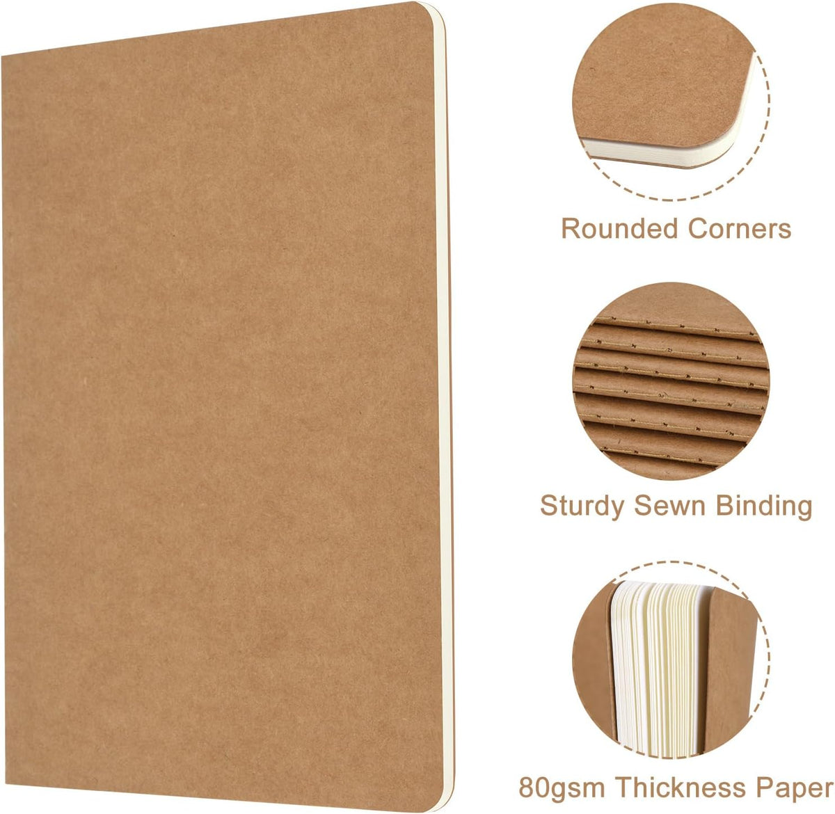 ZCZN 5 Pack A5 Kraft Notebooks Bulk, 8.15x5.5 Inches Lined Paper Journaling Notebooks, Notebooks for Work, Composition Notebooks for School, Journal Notebooks for Office, 60 Pages