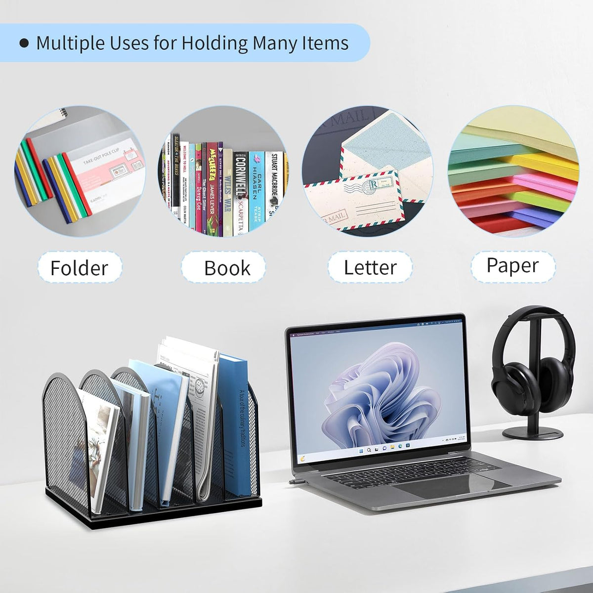 Gawerk 5-Section Vertical Desktop Organizer, 5-Section Mesh File Folder Stand Sorter for Office Home Classroom Organization