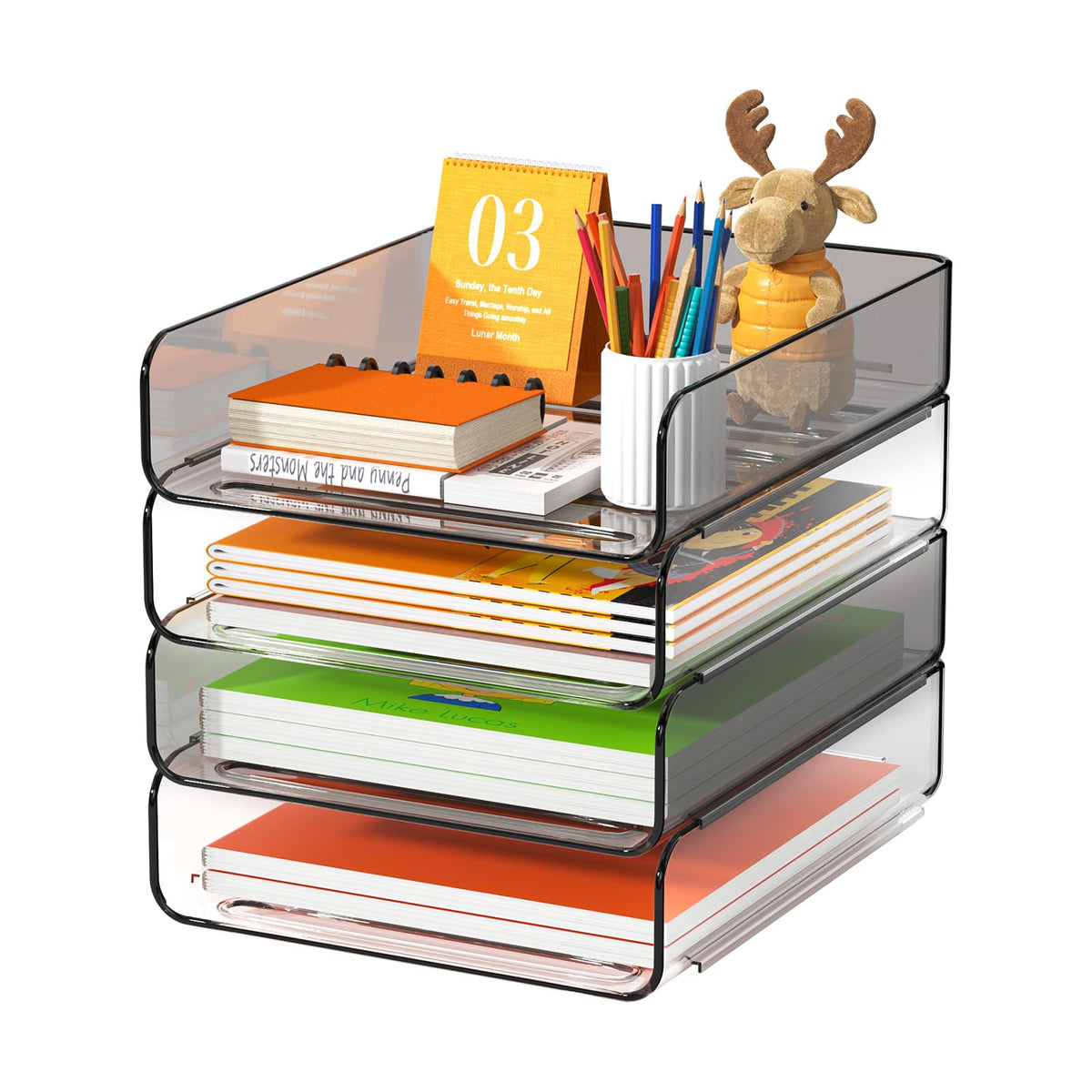 FANXIYQ 4-Tier Acrylic Paper Tray Organizer, Clear Stackable Desk File Organizer for Documents, Files, Letters, A4 Paper, Books, Notes, Mail & Paper Storage, Office Classroom Home