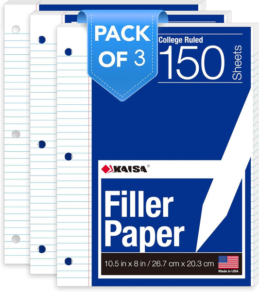 Kaisa Notebook Paper Bulk Wholesale Available 3 Pack Notebook Paper College Ruled 3-Hole Punched Loose Leaf Paper 8x10.5 Filler Paper for 3-Ring Binder, 150 Sheets/Pack (3 Pack-college)