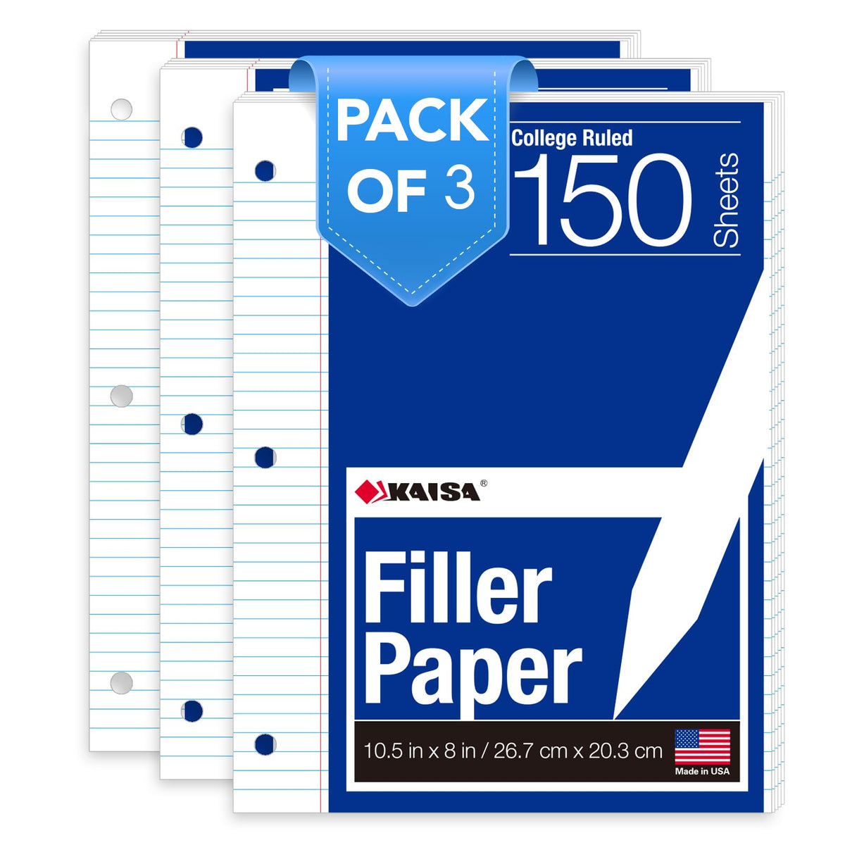 Kaisa Notebook Paper Bulk Wholesale Available 3 Pack Notebook Paper College Ruled 3-Hole Punched Loose Leaf Paper 8x10.5 Filler Paper for 3-Ring Binder, 150 Sheets/Pack (3 Pack-college)