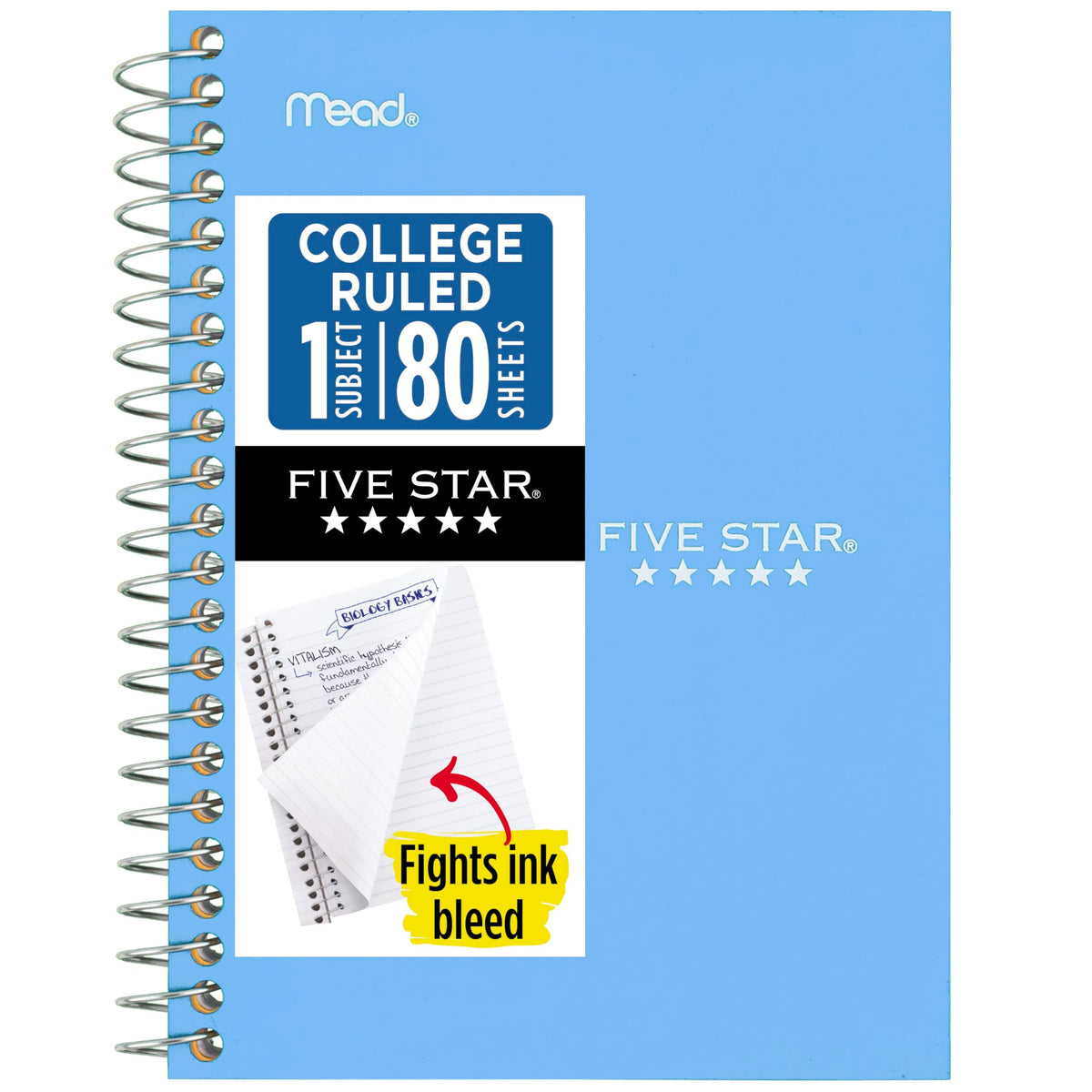 Five Star Spiral Notebook, 1 Subject, College Ruled Paper, 4-3/8" x 7", Small Size, 80 Sheets, Fights Ink Bleed, Water Resistant Cover, Seaglass Green (450048CH1-ECM)