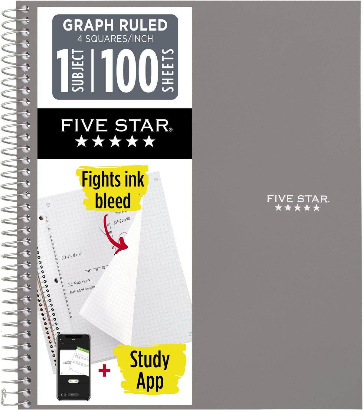 Five Star Spiral Notebook + Study App, 1 Subject, Graph Ruled Paper, 8-1/2" x 11", 100 Sheets, Fights Ink Bleed, Water Resistant Cover, Black (73679)