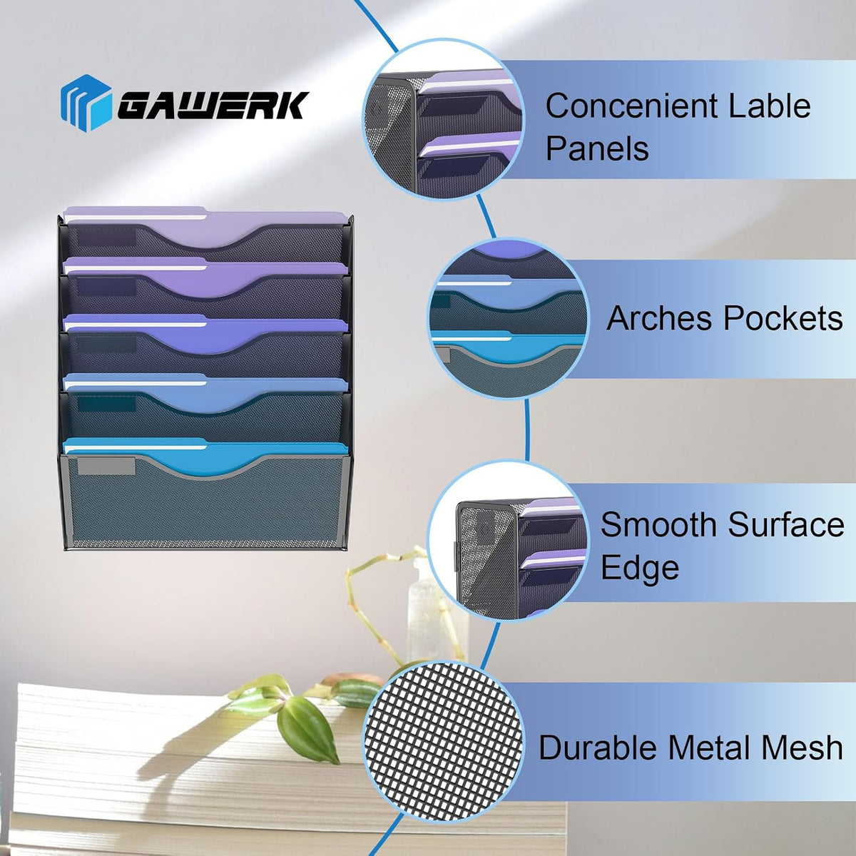 Gawerk 5 Tier Hanging Wall File Organizer, Mesh Mail Paper Orgnization Hanging File Folder Holder for Home Office, Black