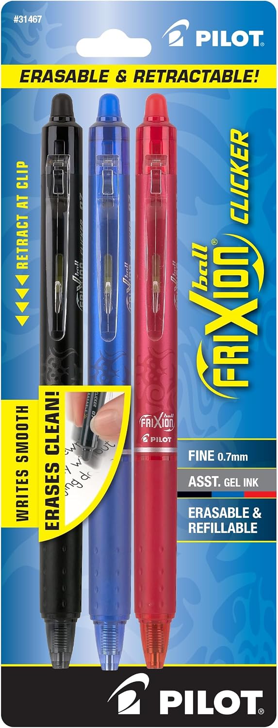 PILOT FriXion Clicker Gel Ink Pens 0.7mm, Assorted Colors, 3-Pack