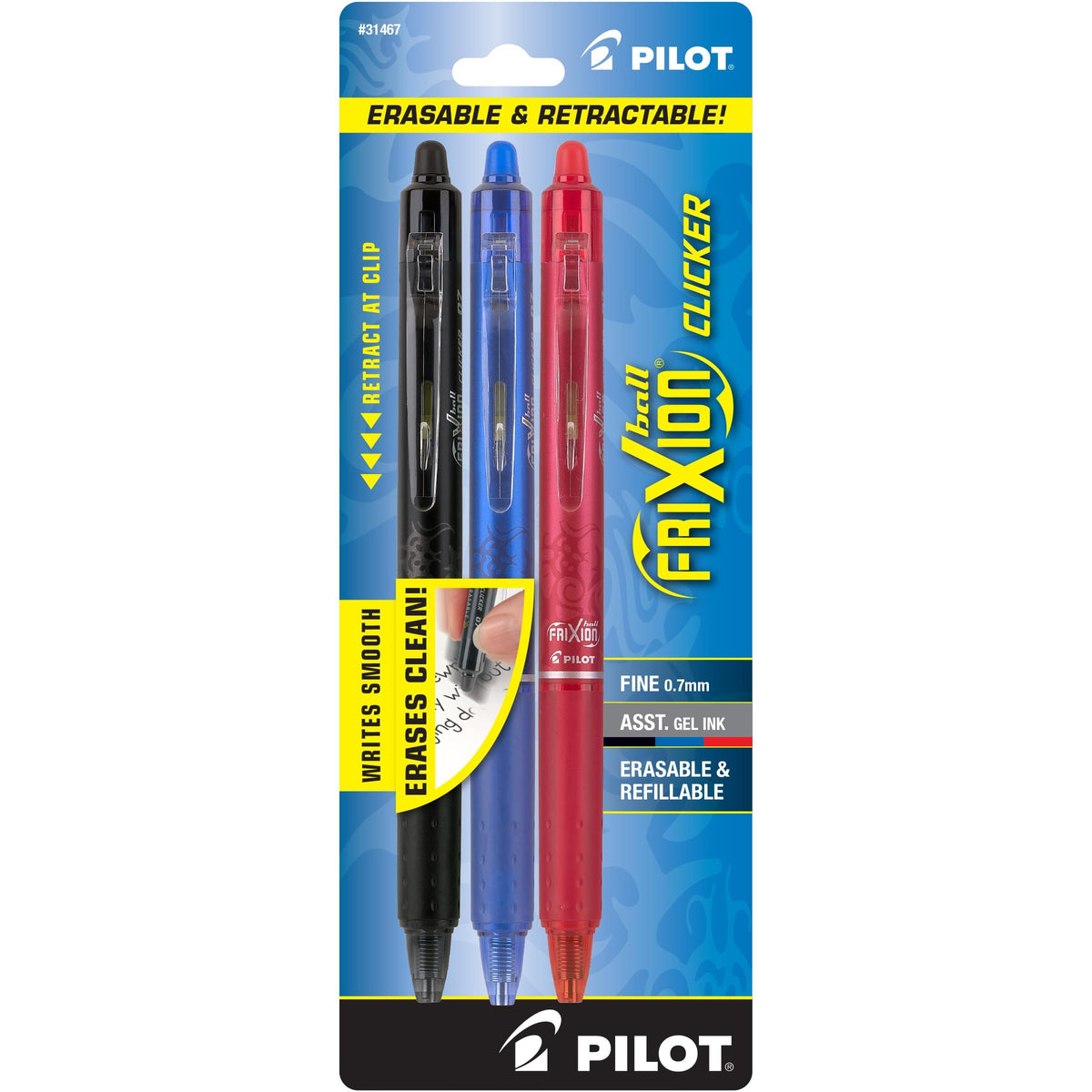 PILOT FriXion Clicker Gel Ink Pens 0.7mm, Assorted Colors, 3-Pack