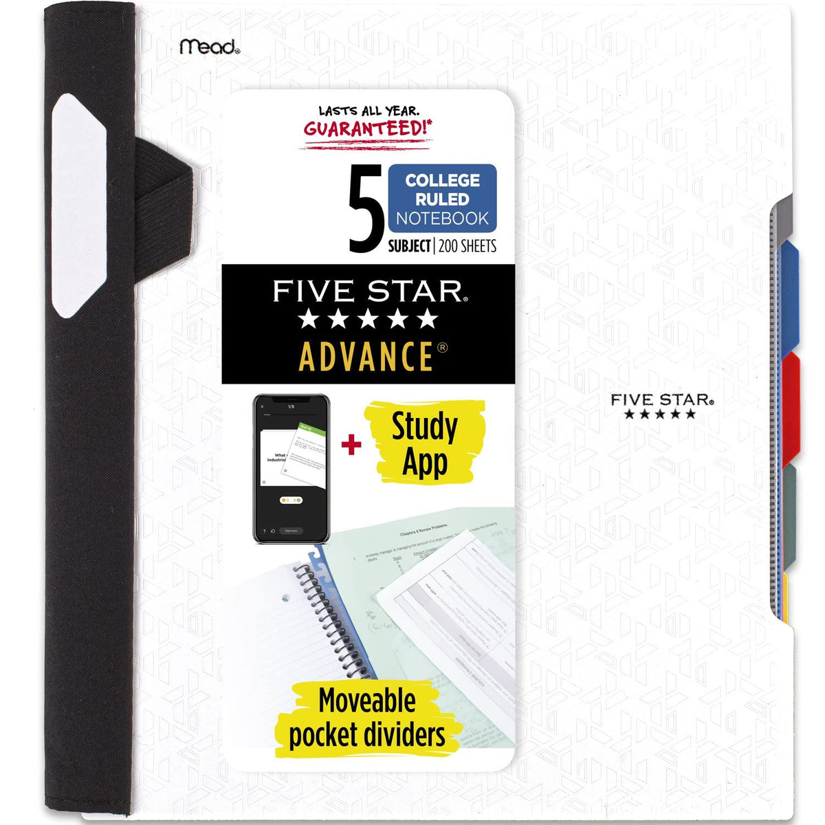 Five Star Advance Spiral Notebook + Study App, 5 Subject, College Ruled Paper, 8-1/2" x 11", 200 Sheets, Spiral Guard, Movable Tabbed Dividers, Pacific Blue (73150)