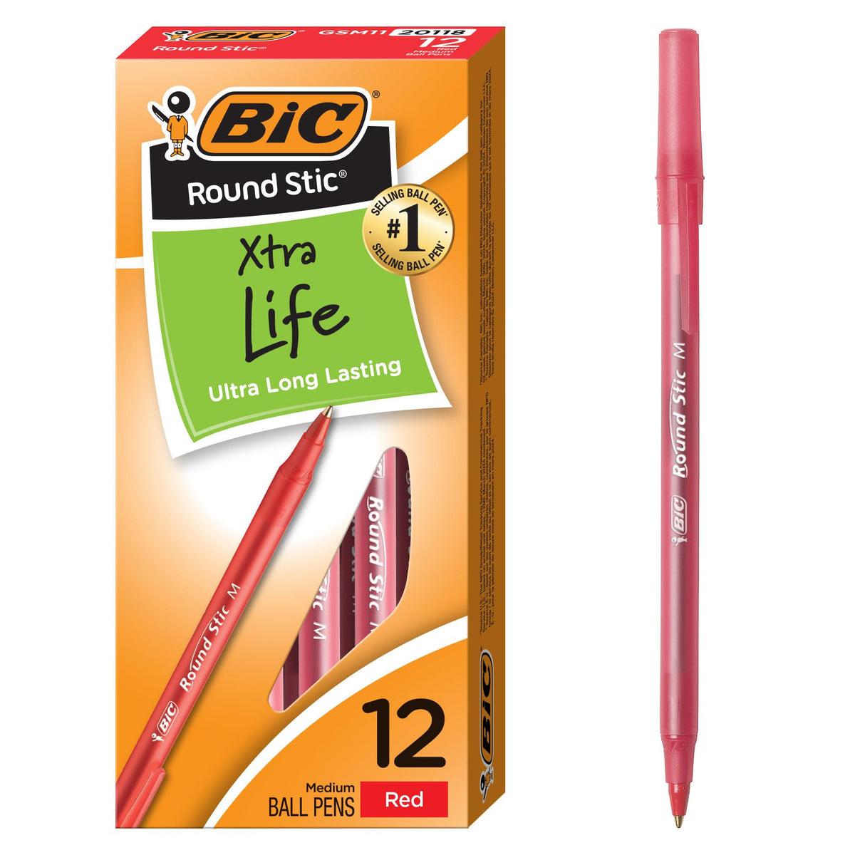 BIC Round Stic Xtra Life Black Ballpoint Pens, 12-Count, 1.0mm Medium Point