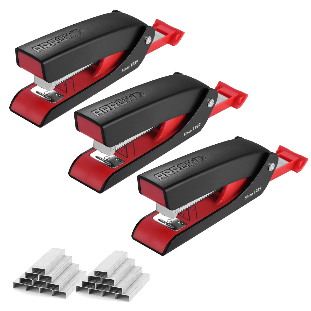 Arrow Office Stapler Set, 25 Sheet Capacity Metal Desk Staplers with 2100 Staples and Staple Remover, Half Strip Design and Non-Slip Base, Spare Staple Storage for Classroom, Office and Home, 2 Pack