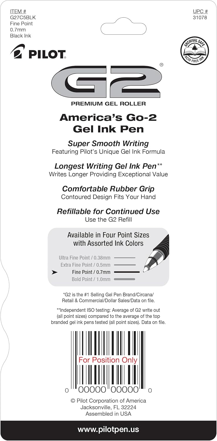 PILOT G2 Premium Gel Pens, Fine Point 0.7mm, Black Ink, 5-Pack