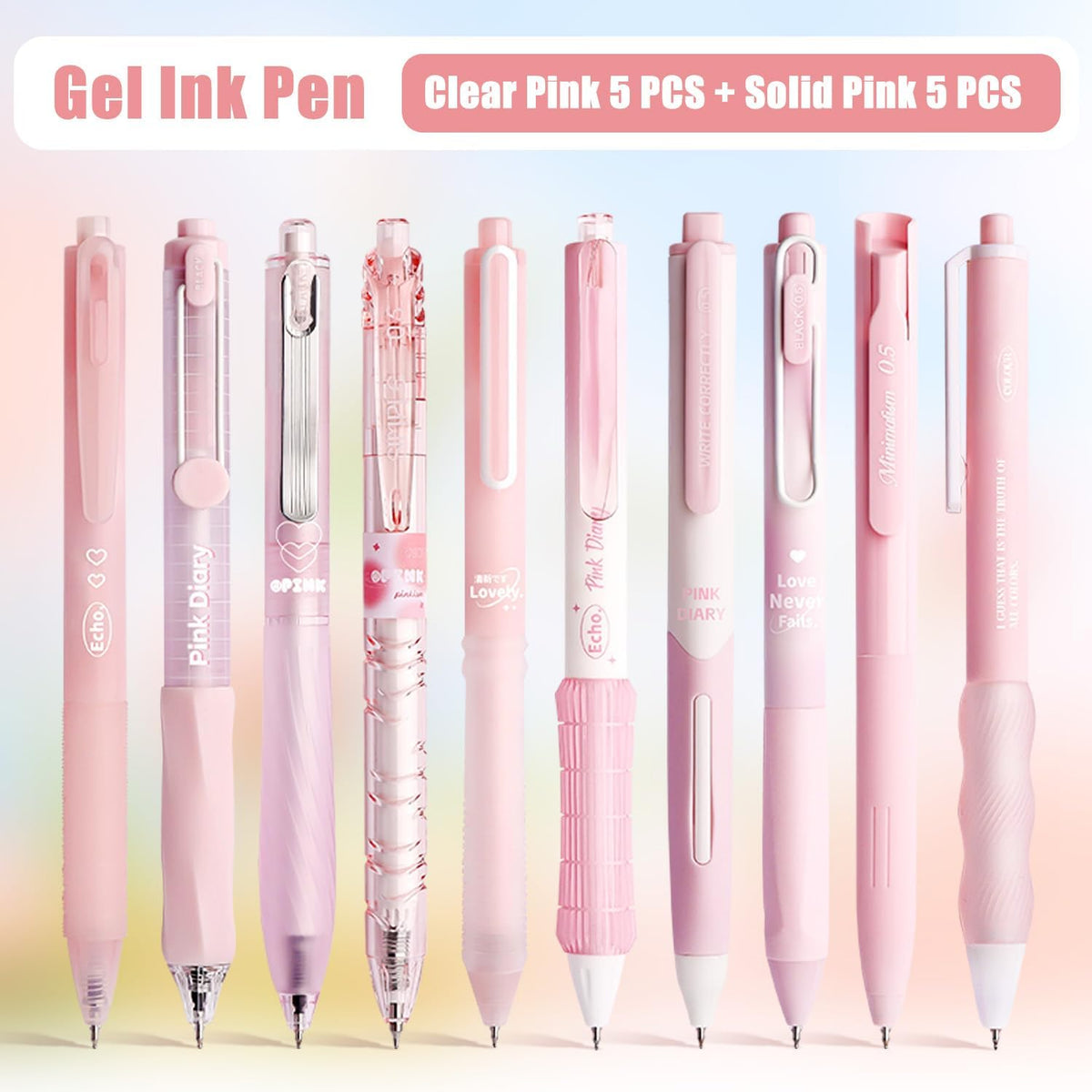 10PCs Pastel Gel Ink Pen Set,Retractable Black Ink Pens 0.5mm Fine Point