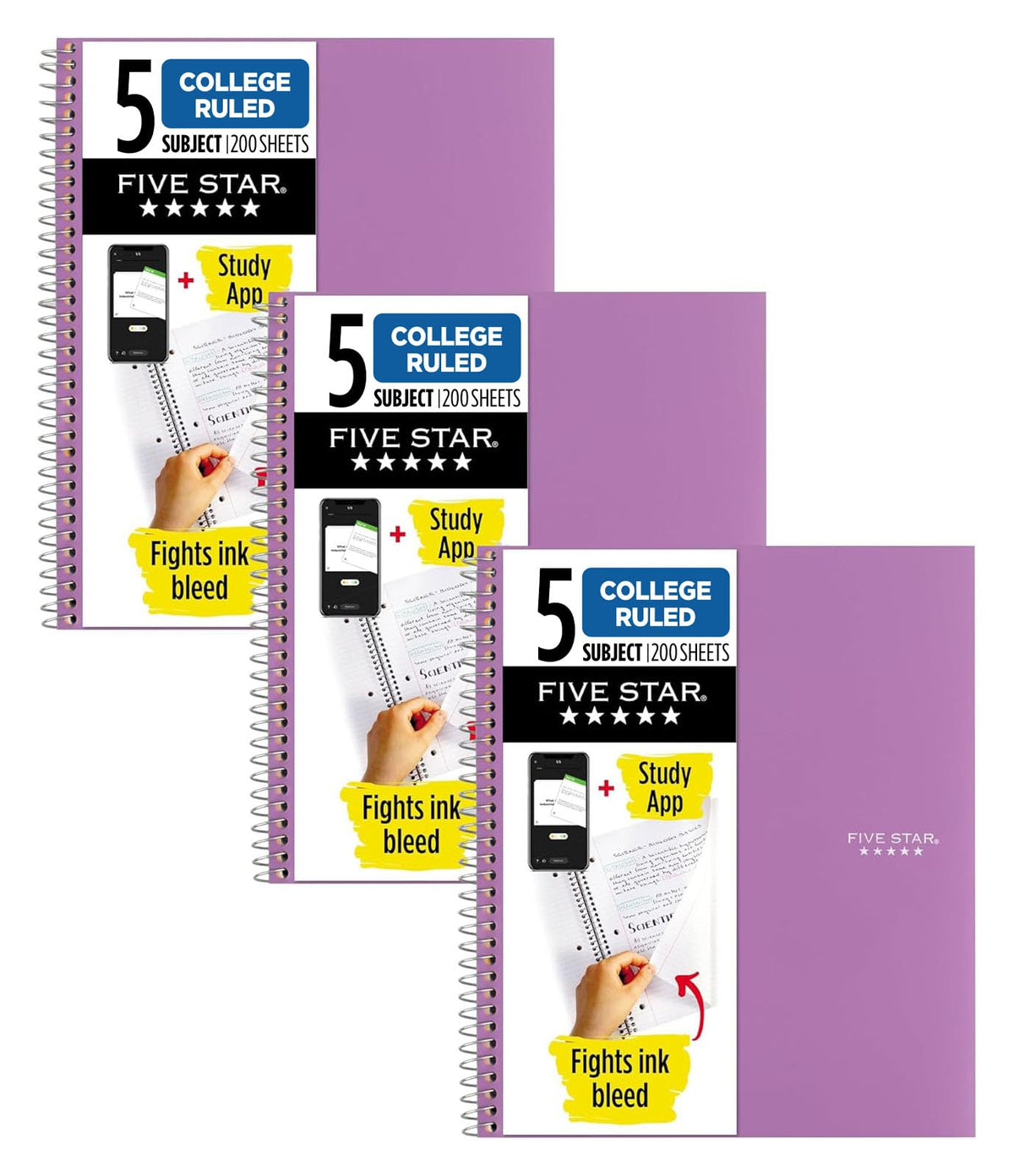 Five Star Spiral Notebook + Study App, 5 Subject, College Ruled Paper, 8-1/2" x 11", 200 Sheets, Fights Ink Bleed, Water Resistant Cover, Black (72081)