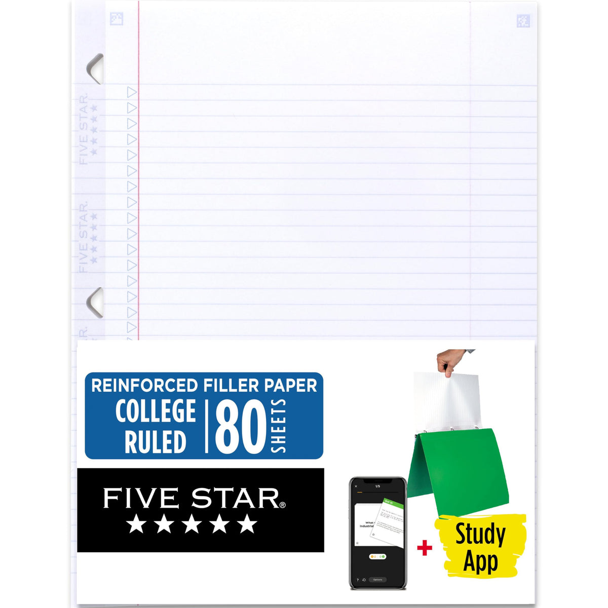 Five Star Loose Leaf Paper + Study App, College Ruled Filler Notebook Paper, Reinforced, Fights Ink Bleed, 8-1/2" x 11", 200 Sheets (170054-ECM)