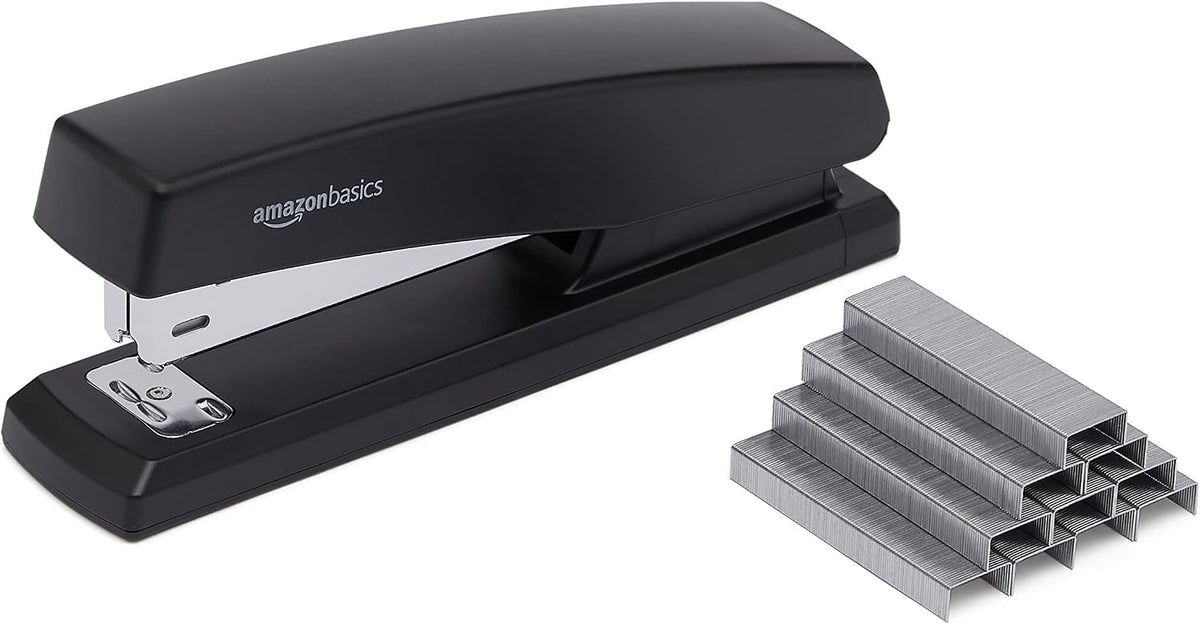 Amazon Basics Desktop Office Stapler, Lightweight, 25 Sheet Capacity, Non-Slip, Black, 3-Pack with 1000 Staples