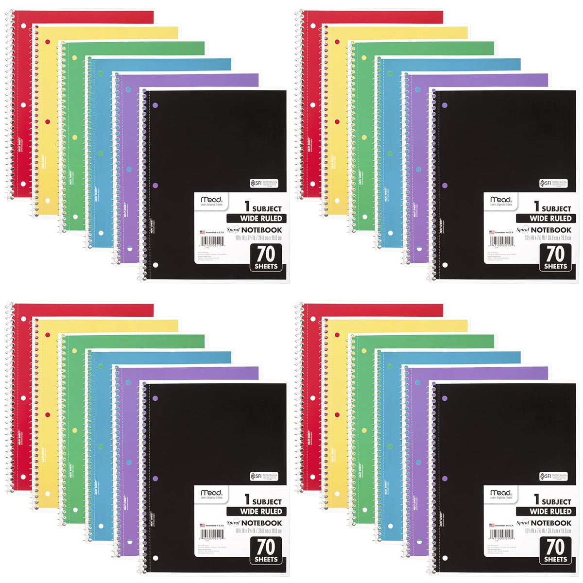 Mead Spiral Notebook, 6 Pack, 1 Subject, Wide Ruled Paper, 7-1/2" x 10-1/2", 70 Sheets per Notebook, Colors Will Vary (930201-ECM25)