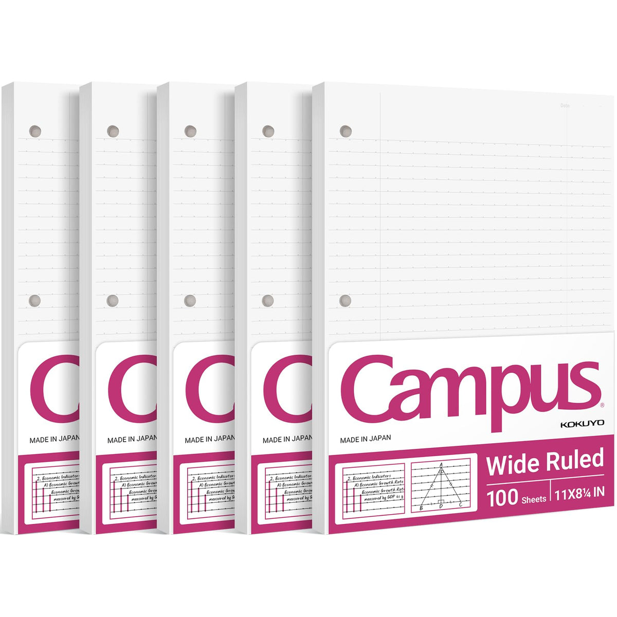Kokuyo 3 Hole Loose Leaf Paper, 8-1/4"x11” Wide Ruled, 100 Sheets, 1 Pack