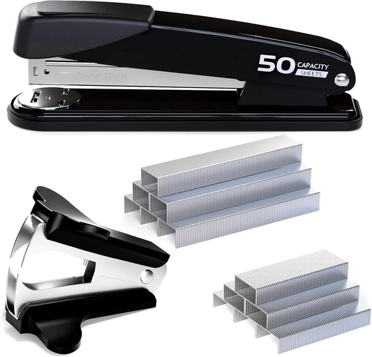 Metal Stapler Heavy Duty - 50 Sheet Capacity with 2000 Pieces 1/4", 5/16" Staples and Staple Remover, No Jam, Non-Slip, Stapler Heavy Duty for Desk, Classroom and Office, Black