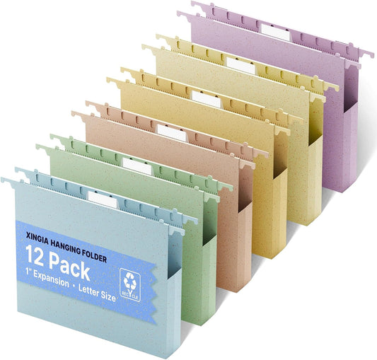 XINGIA Hanging File Folders Letter Size, Heavy Duty 1" Expanding Hanging File Folders, 12 Pack File Folders Hanging with Tabs, File Cabinet Folders for Office Home, Assorted Colors.