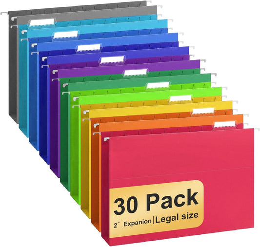 Hanging File Folders Legal Size, 30 Pack File Folders with 1/5 Cut Adjustable tabs, 2" Expansion, Reinforced Hanging Folders Legal Size, Designed for Legal and Law Office File Organization