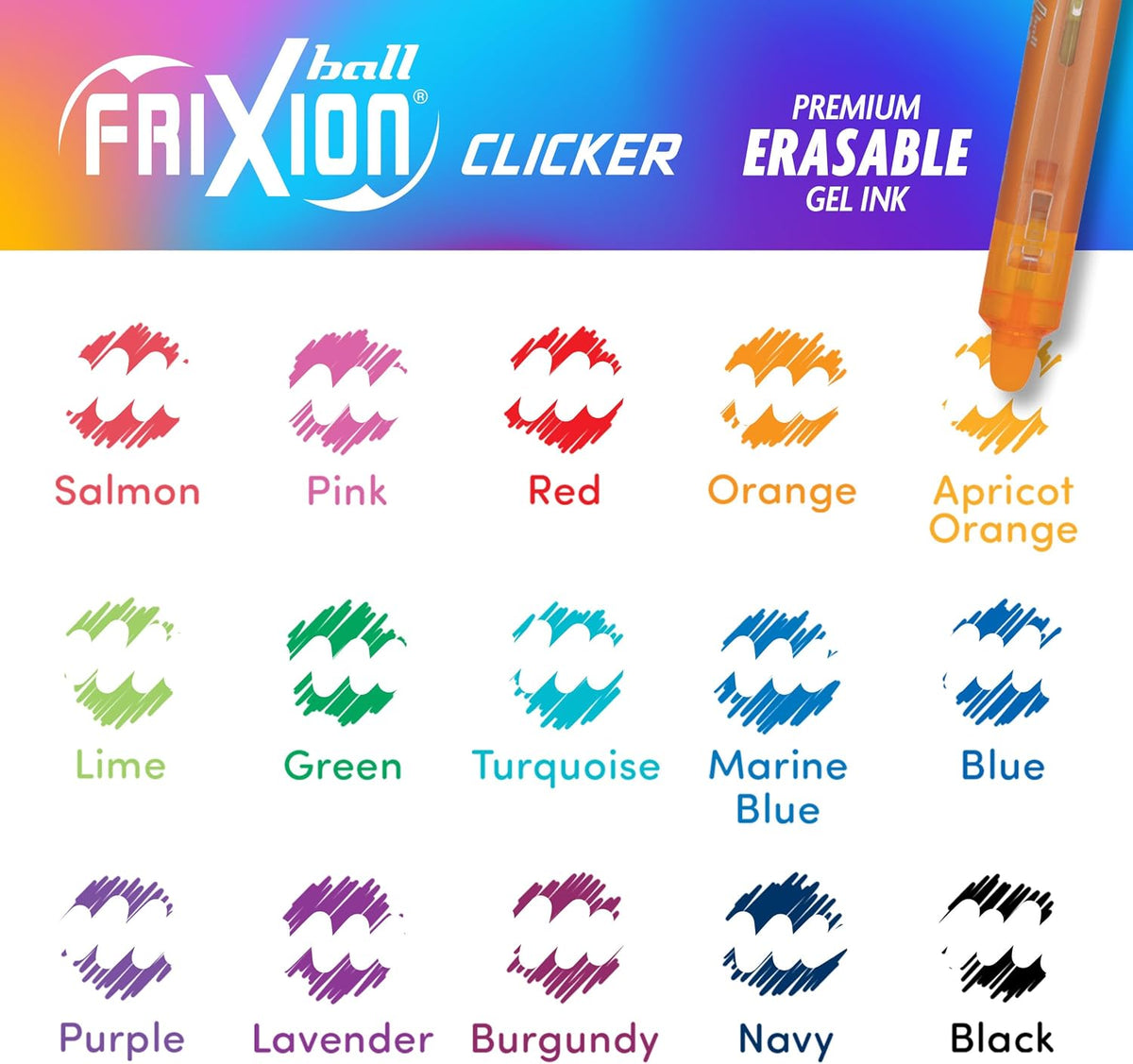 PILOT FriXion Clicker Gel Ink Pens 0.7mm, Assorted Colors, 15-Pack