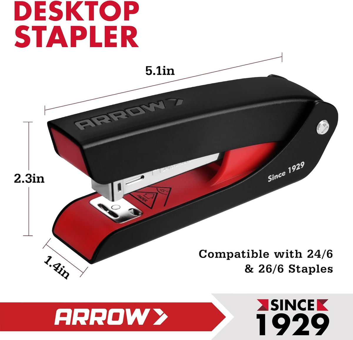 Arrow Office Stapler Set, 25 Sheet Capacity Metal Desk Staplers with 2100 Staples and Staple Remover, Half Strip Design and Non-Slip Base, Spare Staple Storage for Classroom, Office and Home, 2 Pack